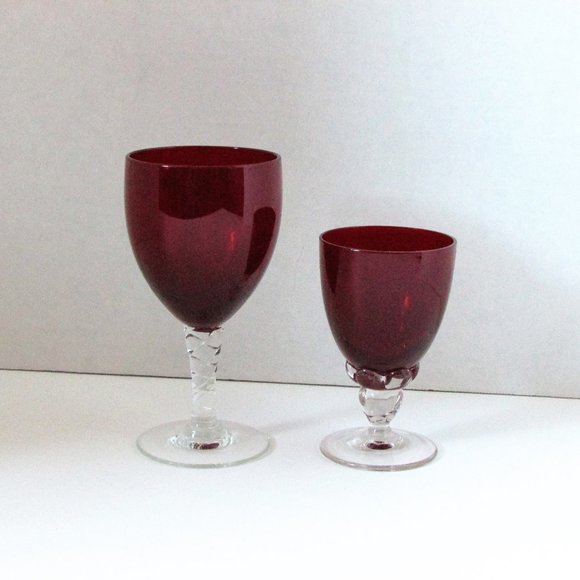 2 Different Vintage Ruby Red Goblets Clear Fancy Stem Small Elegant Wine Glasses - Picture 3 of 5